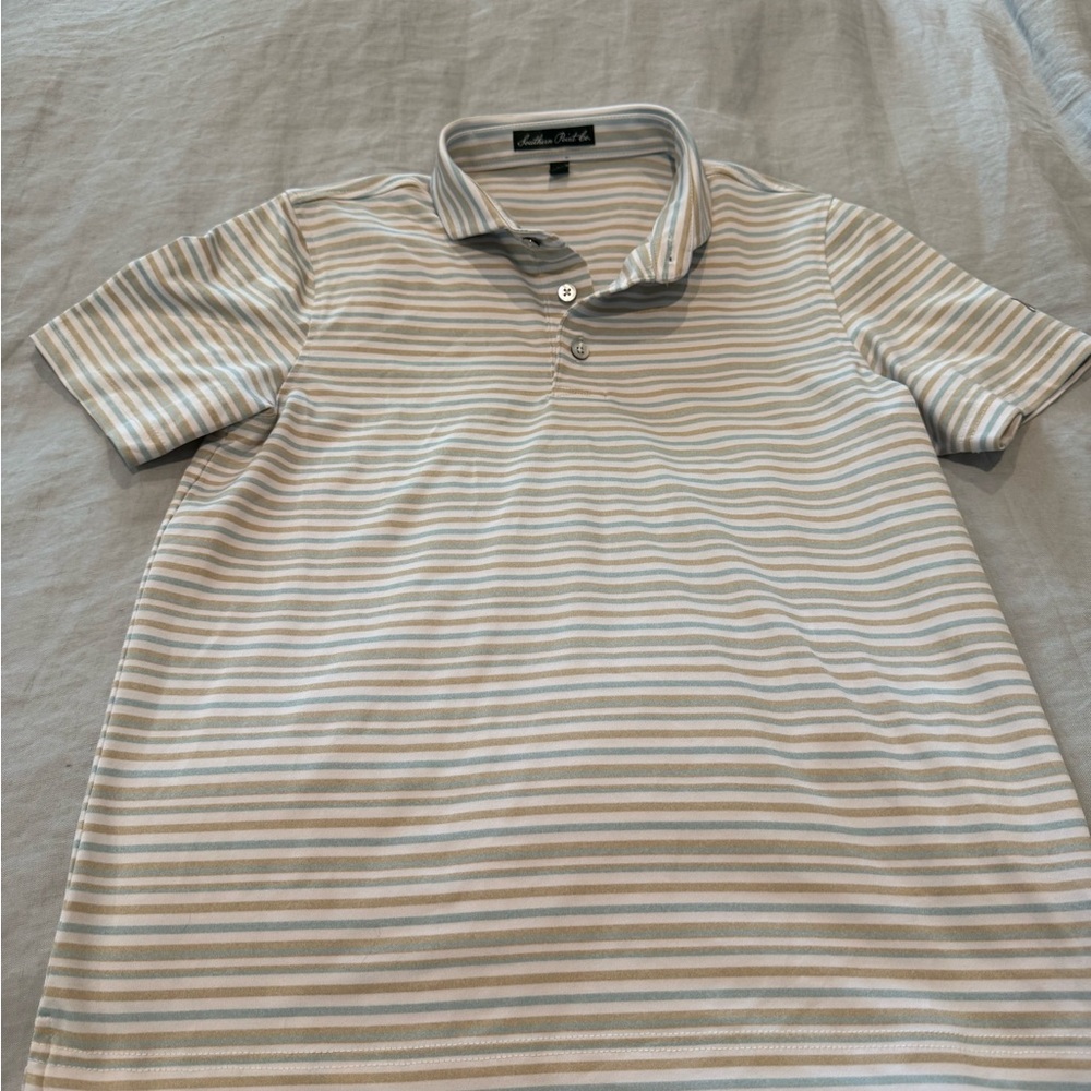 Southern Point Boys Polo Shirt - Tan, Blue, White Stripe (performance material)
